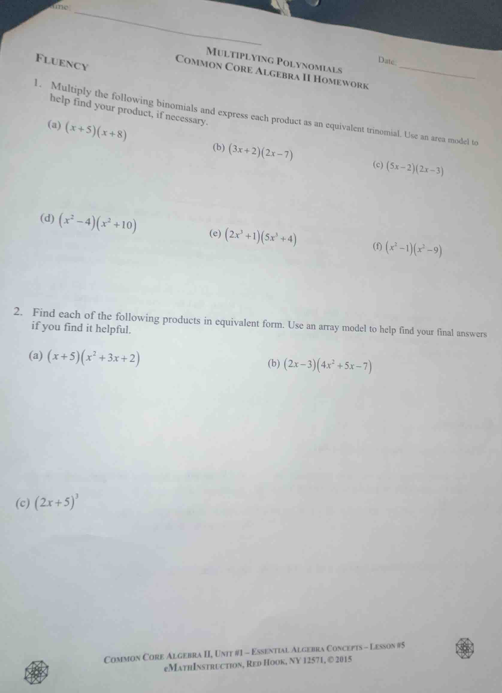 multiplying polynomials common core algebra ii homework fluency 1. mult…