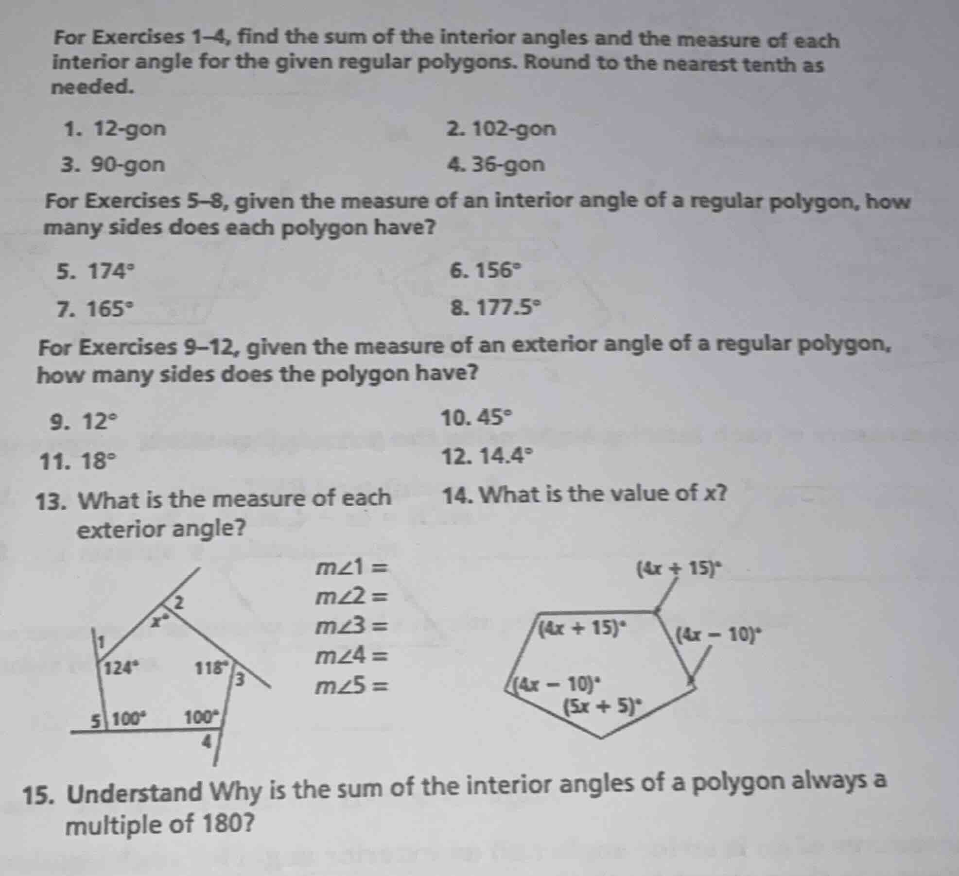 for exercises 1–4, find the sum of the interior angles and the measure …