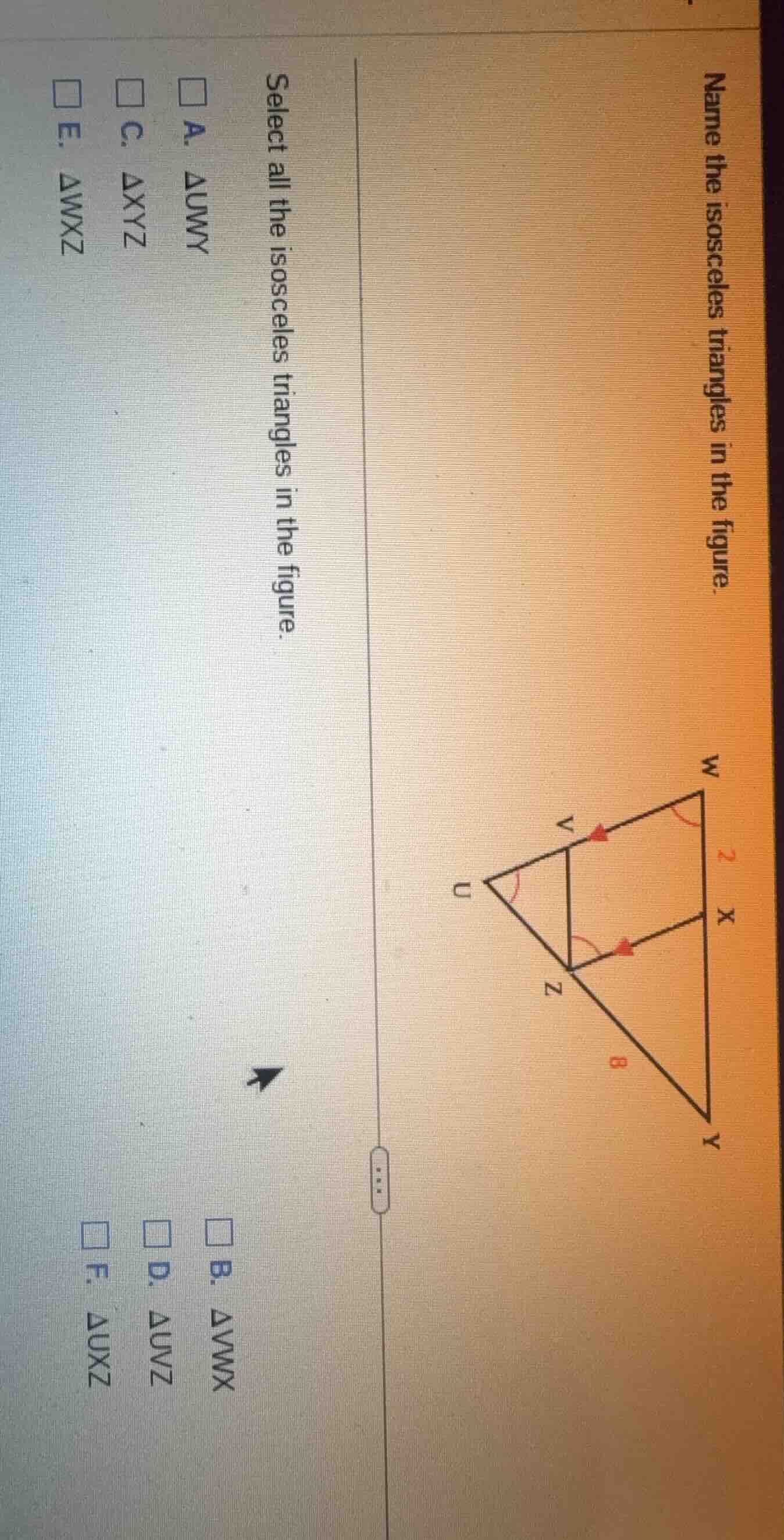 name the isosceles triangles in the figure. select all the isosceles tr…