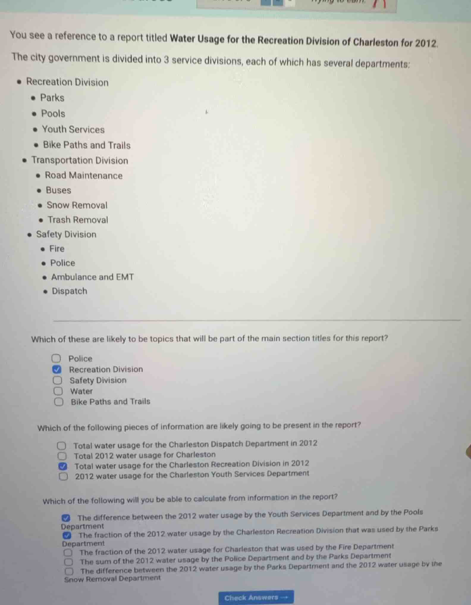 you see a reference to a report titled water usage for the recreation d…