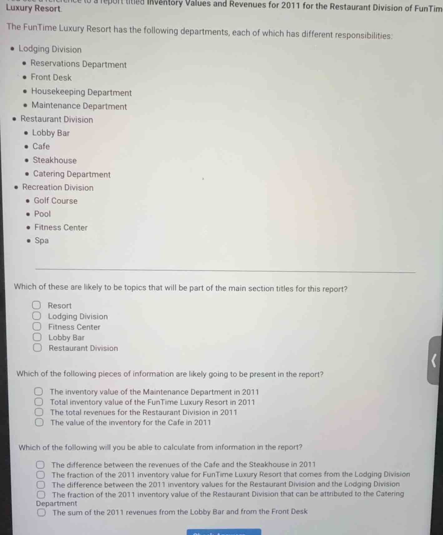 inventory values and revenues for 2011 for the restaurant division of f…