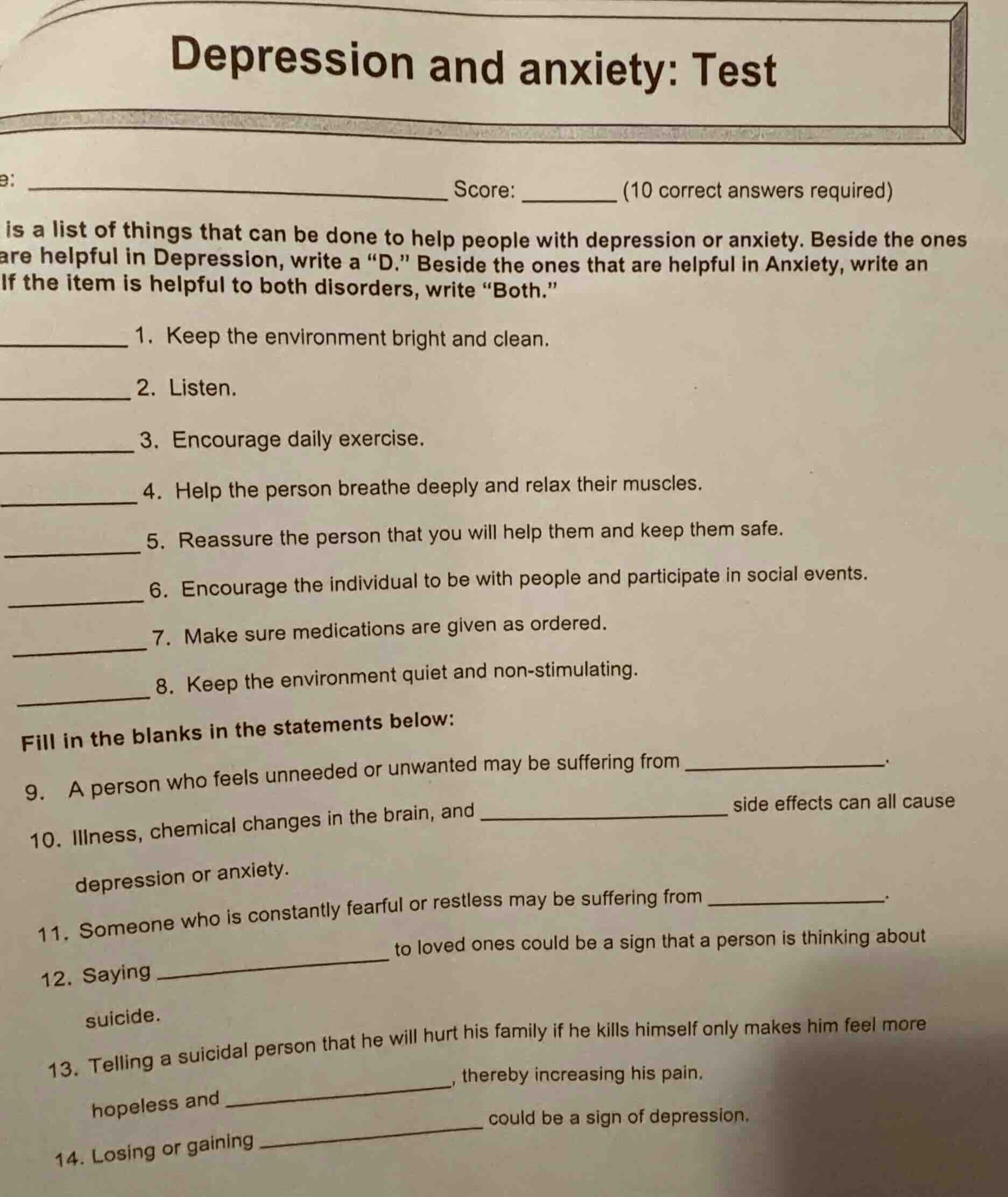 depression and anxiety: test : _______________________________ score: _…