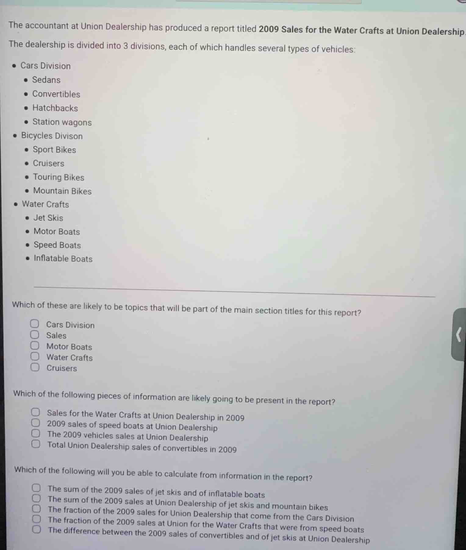 the accountant at union dealership has produced a report titled 2009 sa…