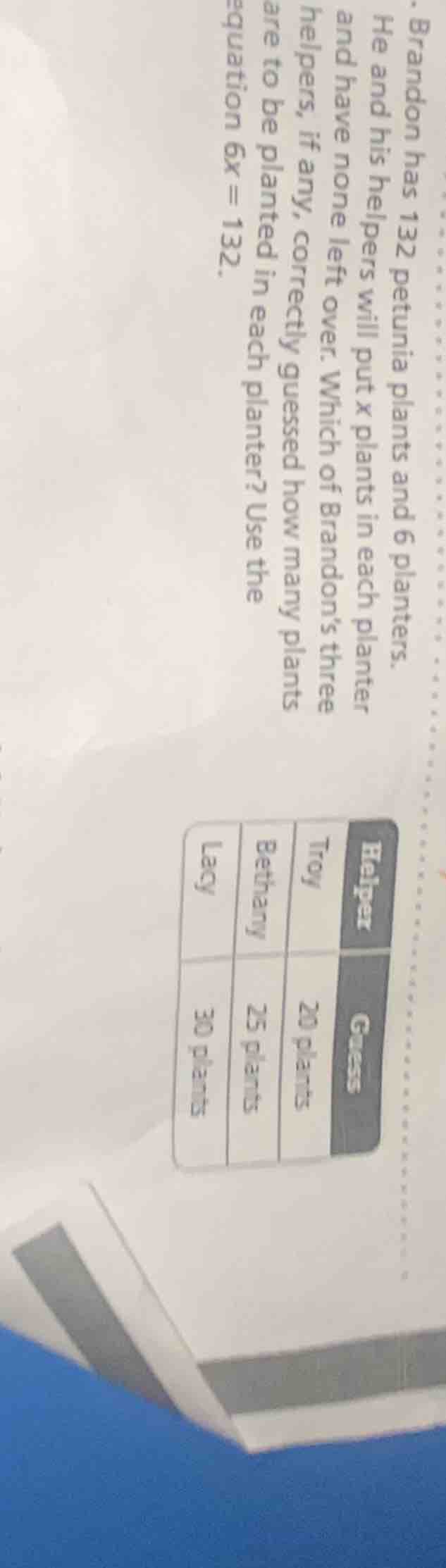 brandon has 132 petunia plants and 6 planters. he and his helpers will …