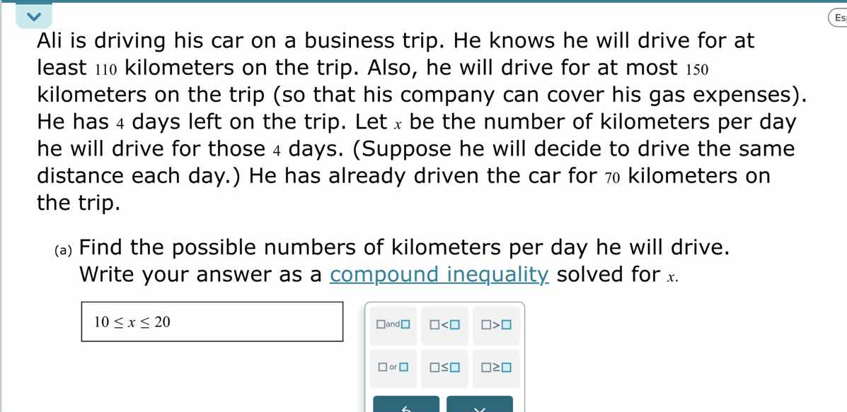 ali is driving his car on a business trip. he knows he will drive for a…