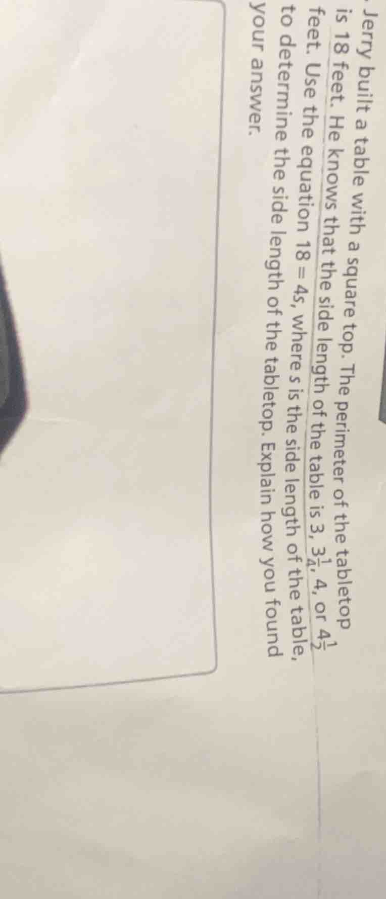 jerry built a table with a square top. the perimeter of the tabletop is…