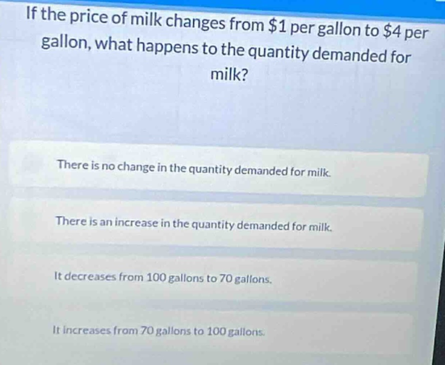 if the price of milk changes from $1 per gallon to $4 per gallon, what …