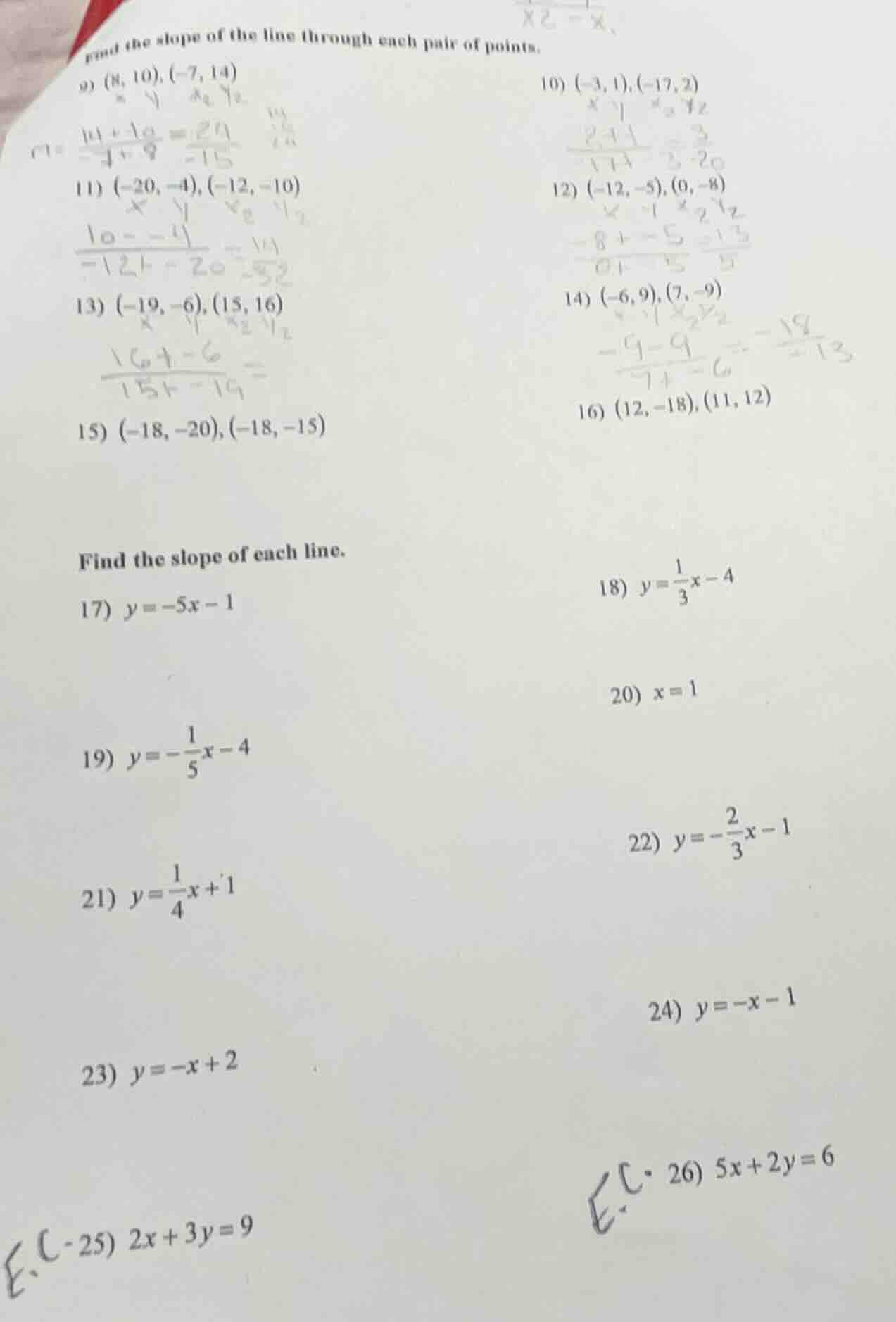 find the slope of the line through each pair of points. 9) (8, 10), (-7…