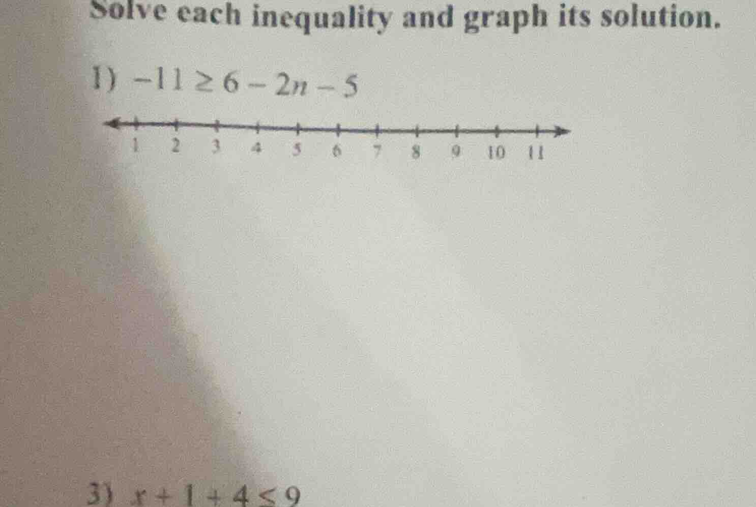 solve each inequality and graph its solution. 1) $-11 \\geq 6 - 2n - 5$…