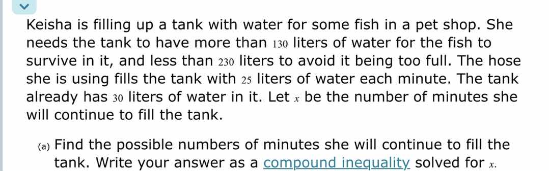 keisha is filling up a tank with water for some fish in a pet shop. she…