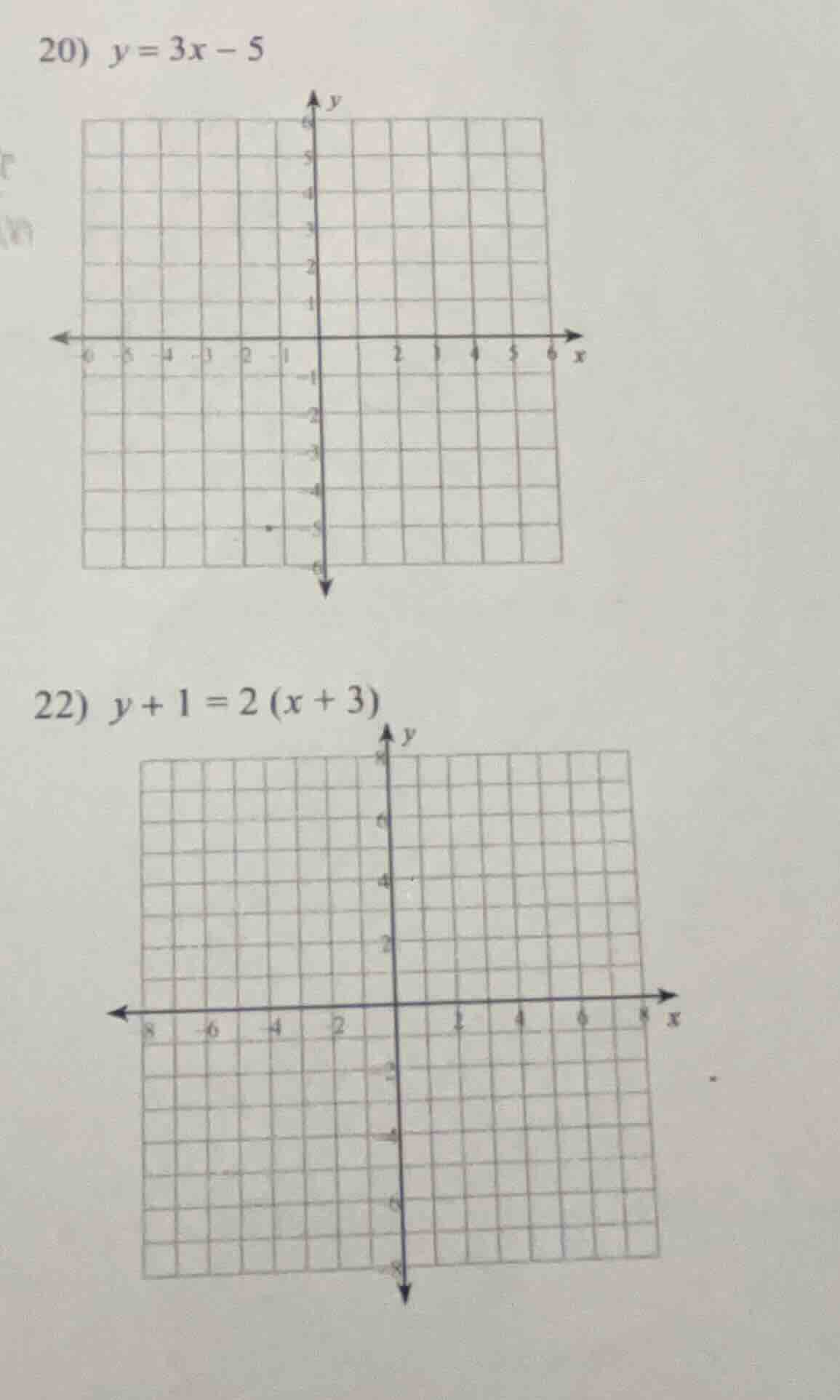 20) $y = 3x - 5$ 22) $y + 1 = 2(x + 3)$