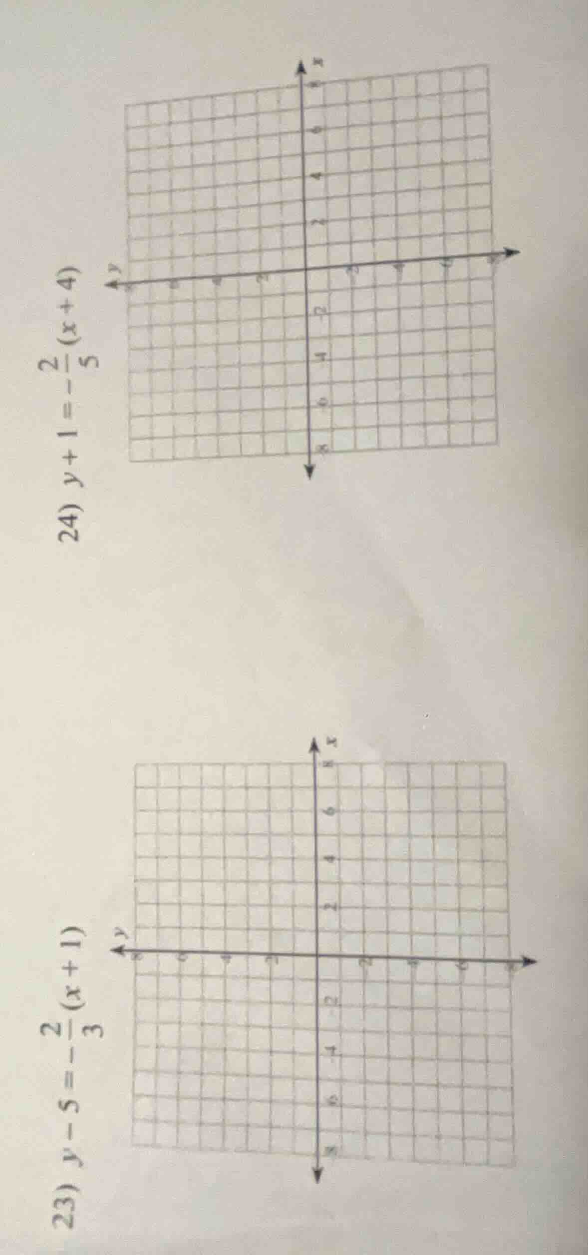 23) $y - 5 = -\frac{2}{3}(x + 1)$ 24) $y + 1 = -\frac{2}{5}(x + 4)$