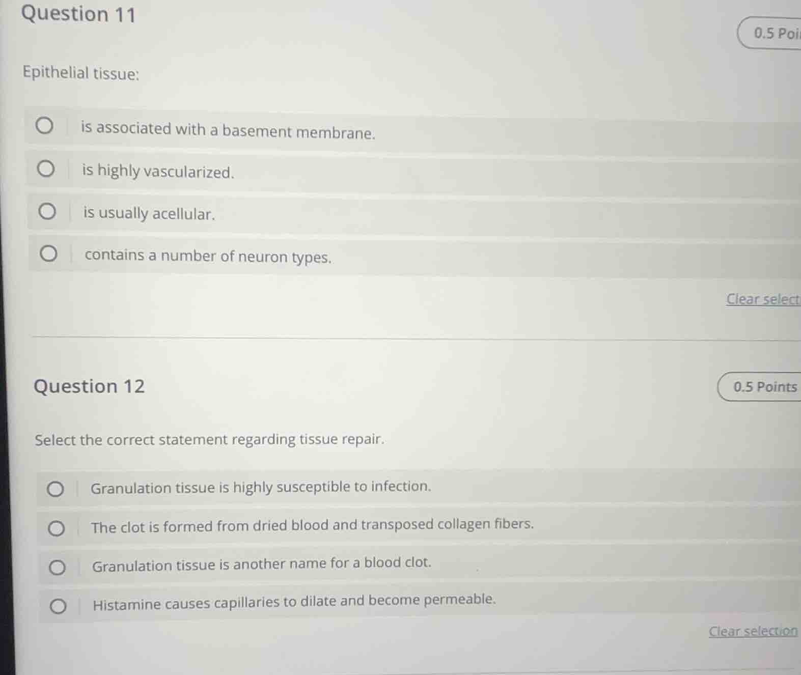 question 11 epithelial tissue: - is associated with a basement membrane…