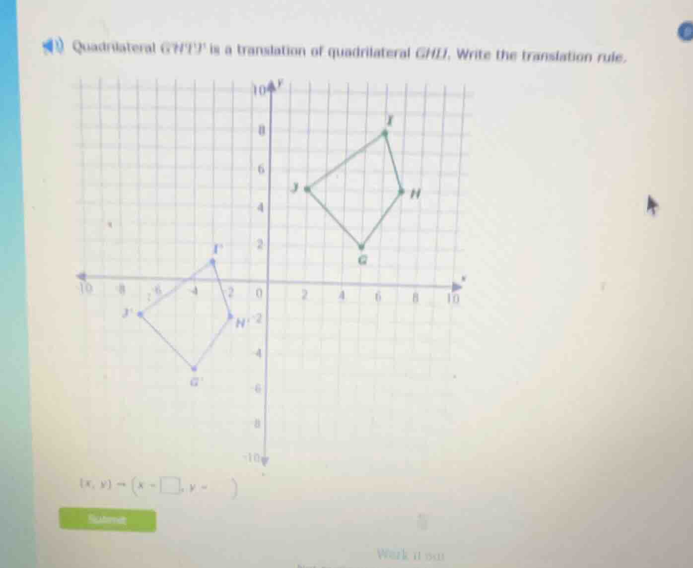 quadrilateral ghij is a translation of quadrilateral ghij. write the tr…