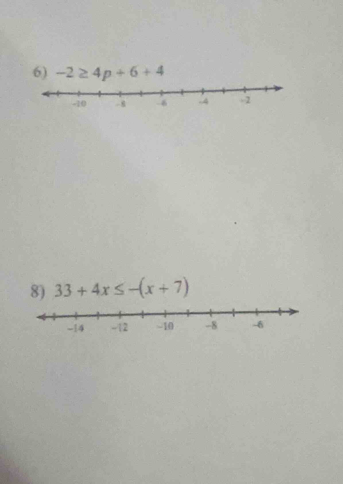 6) $-2 \\geq 4p + 6 + 4$ 8) $33 + 4x \\leq -(x + 7)$