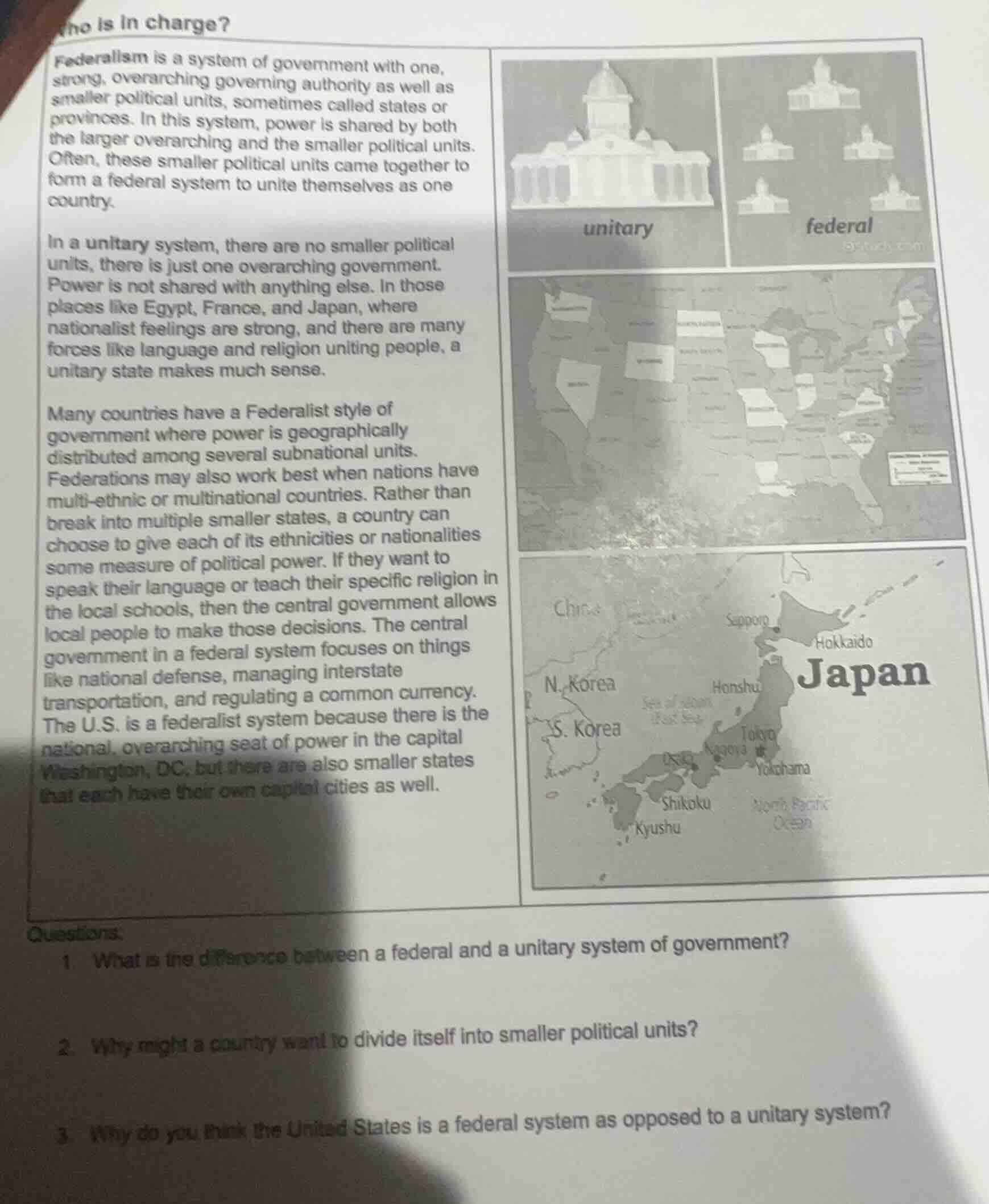 who is in charge? federalism is a system of government with one, strong…