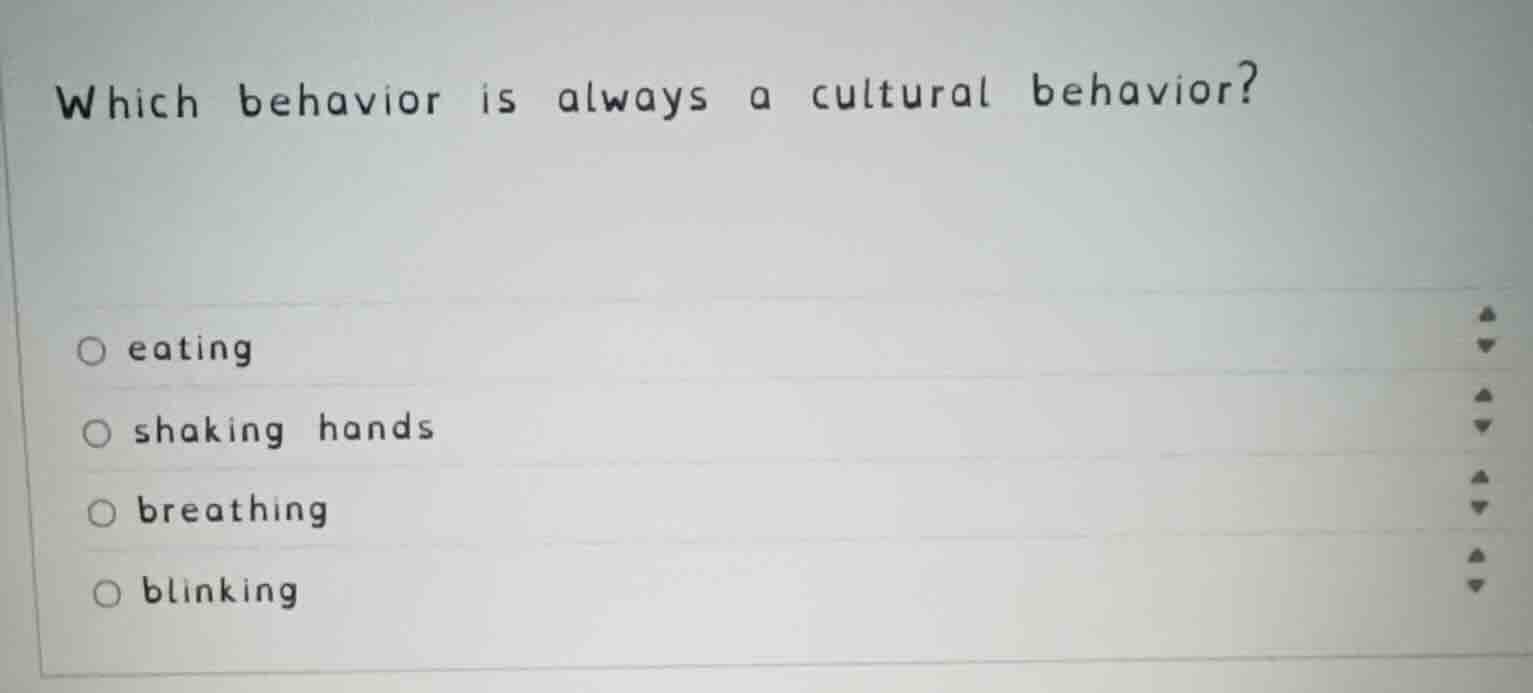 which behavior is always a cultural behavior? eating shaking hands brea…