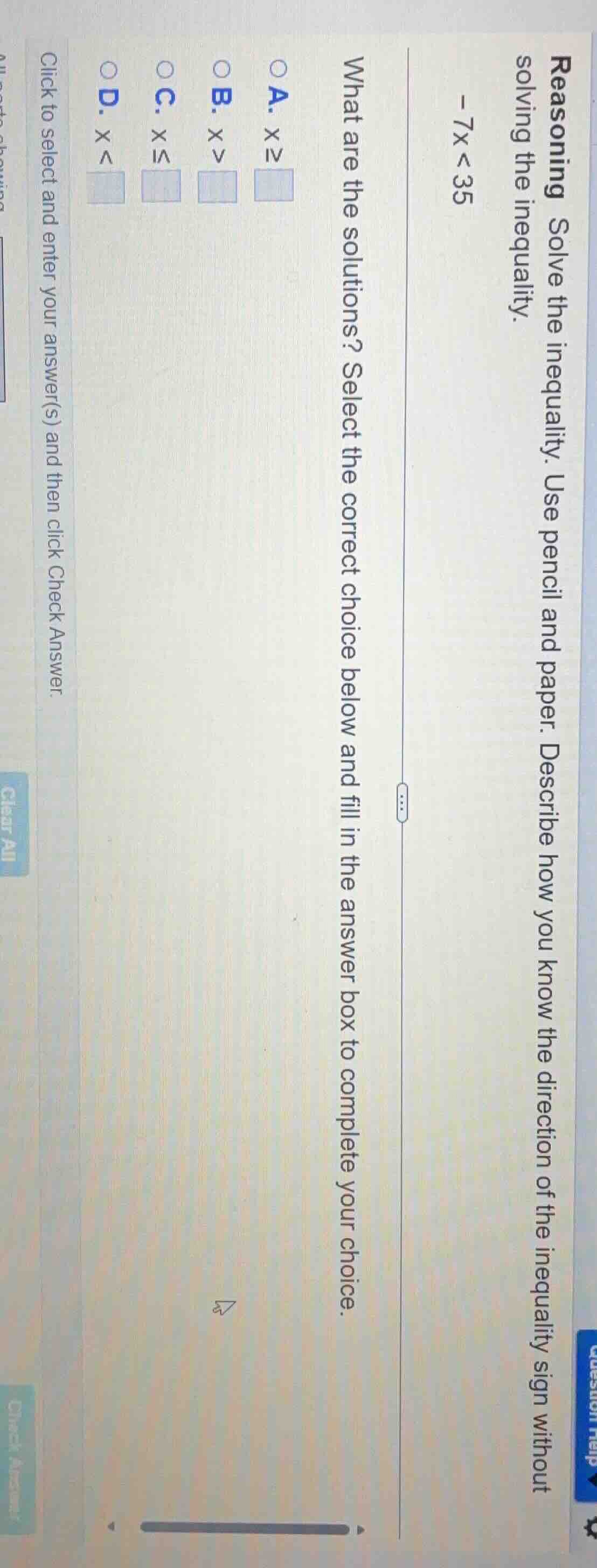 reasoning solve the inequality. use pencil and paper. describe how you …