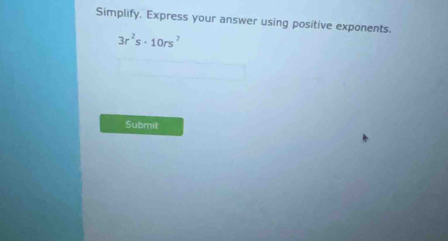 simplify. express your answer using positive exponents. $3r^{2}s \\cdot…