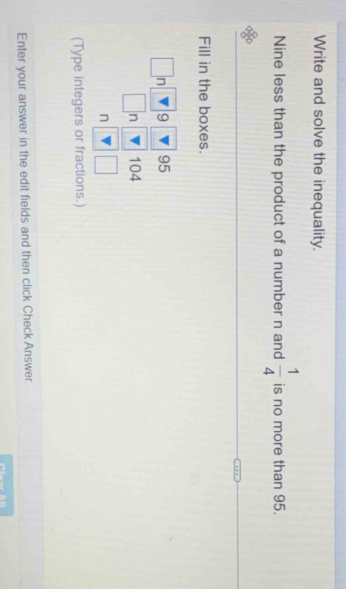 write and solve the inequality. nine less than the product of a number …