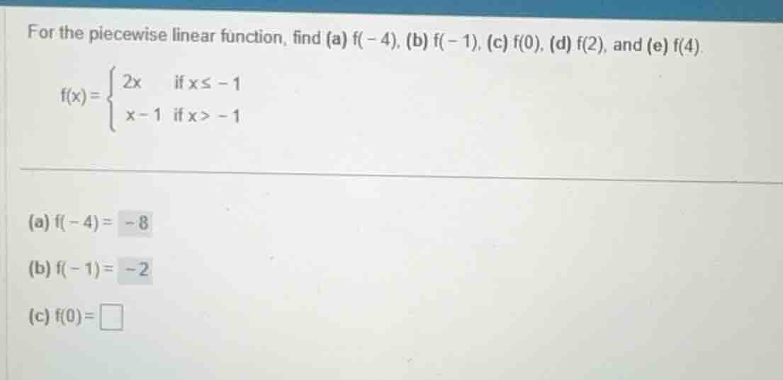 for the piecewise linear function, find (a) f(-4), (b) f(-1), (c) f(0),…