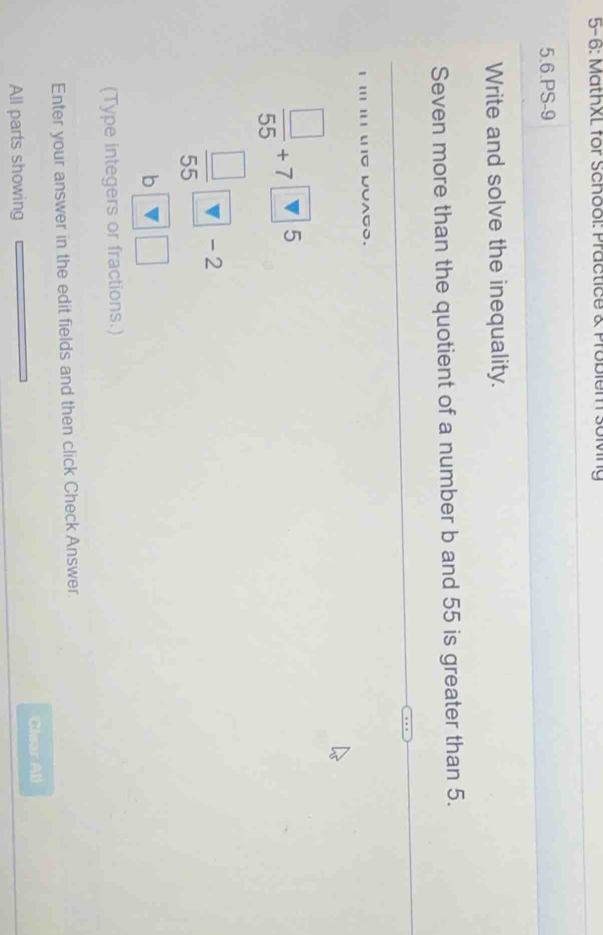 5.6.ps-9 write and solve the inequality. seven more than the quotient o…