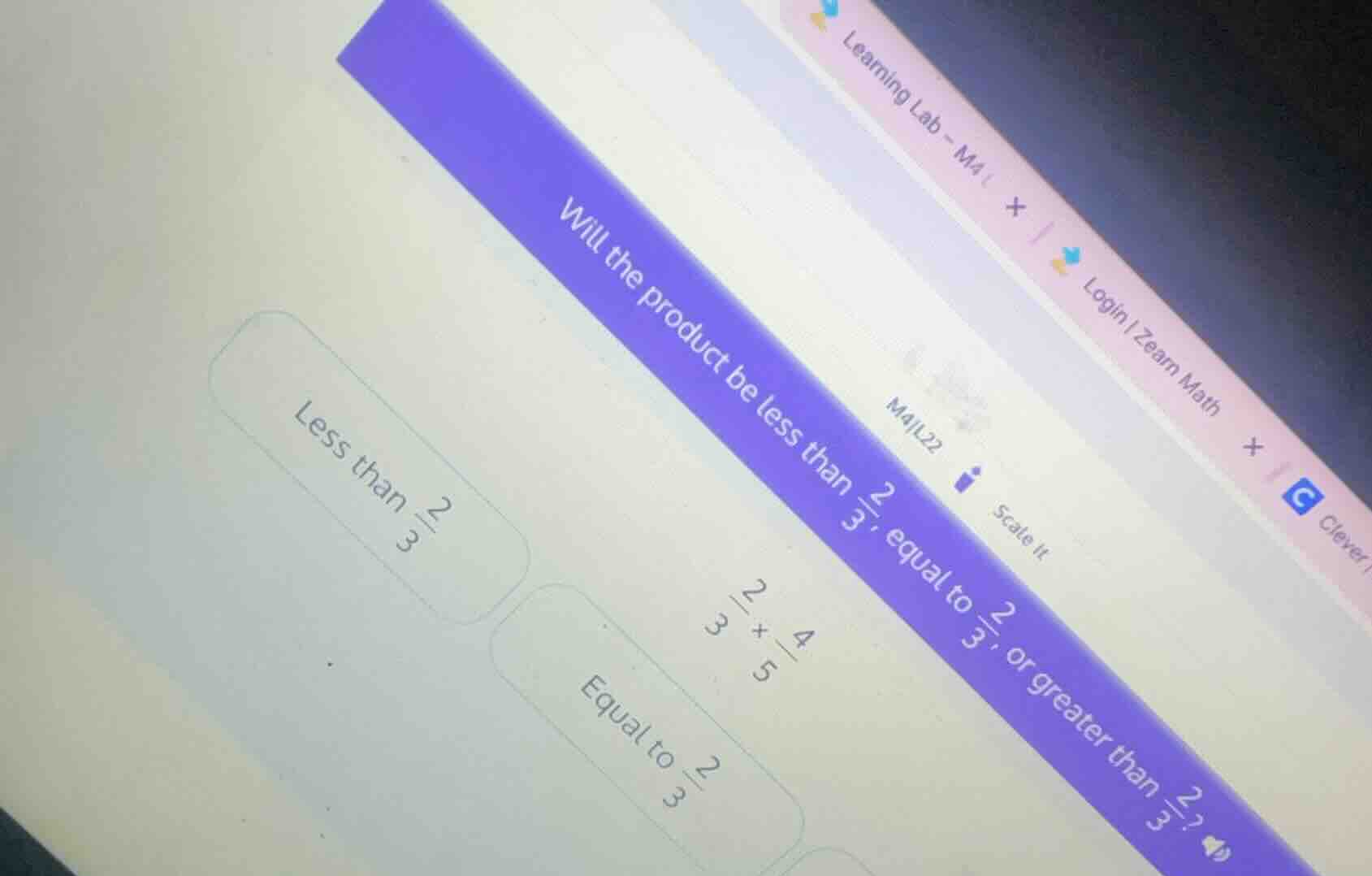 will the product be less than \\(\frac{2}{3}\\), equal to \\(\frac{2}{3…