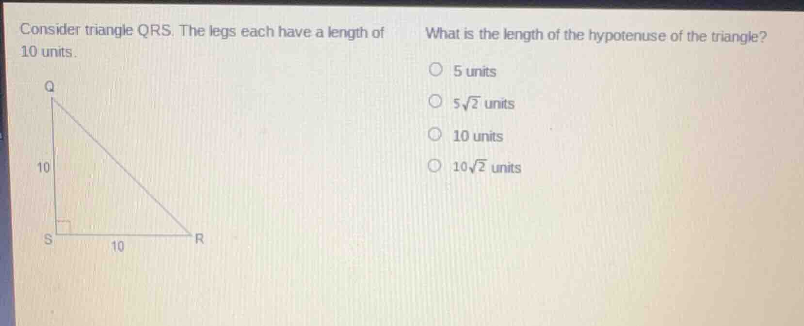consider triangle qrs. the legs each have a length of 10 units. what is…