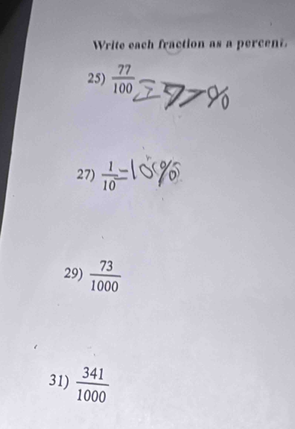 write each fraction as a percent. 25) \\(\frac{77}{100}\\) 27) \\(\frac…