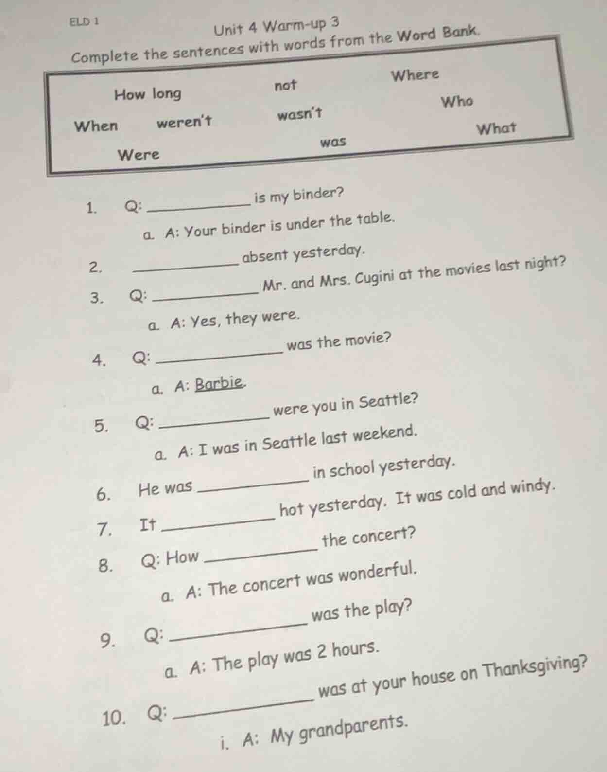 eld 1 unit 4 warm - up 3 complete the sentences with words from the wor…