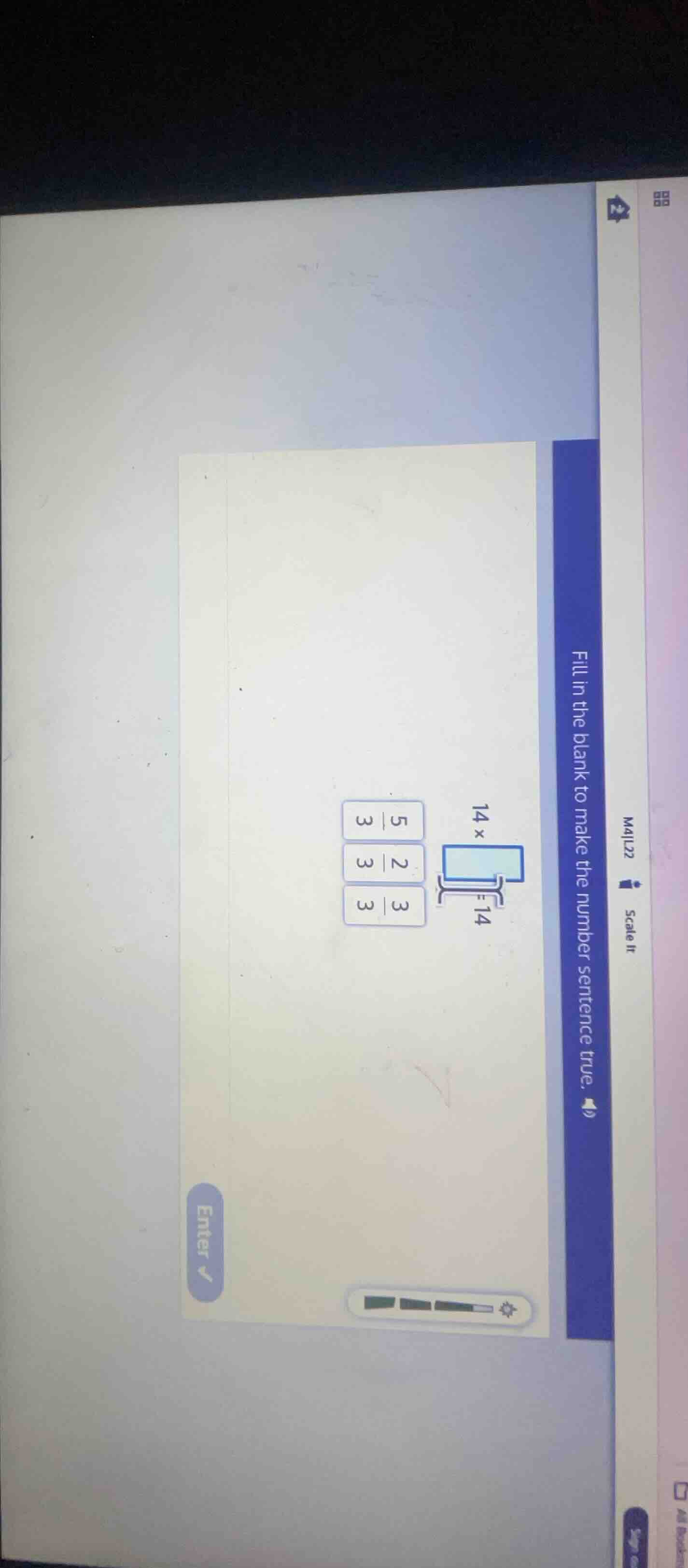 fill in the blank to make the number sentence true. 14×□=14. options: \…