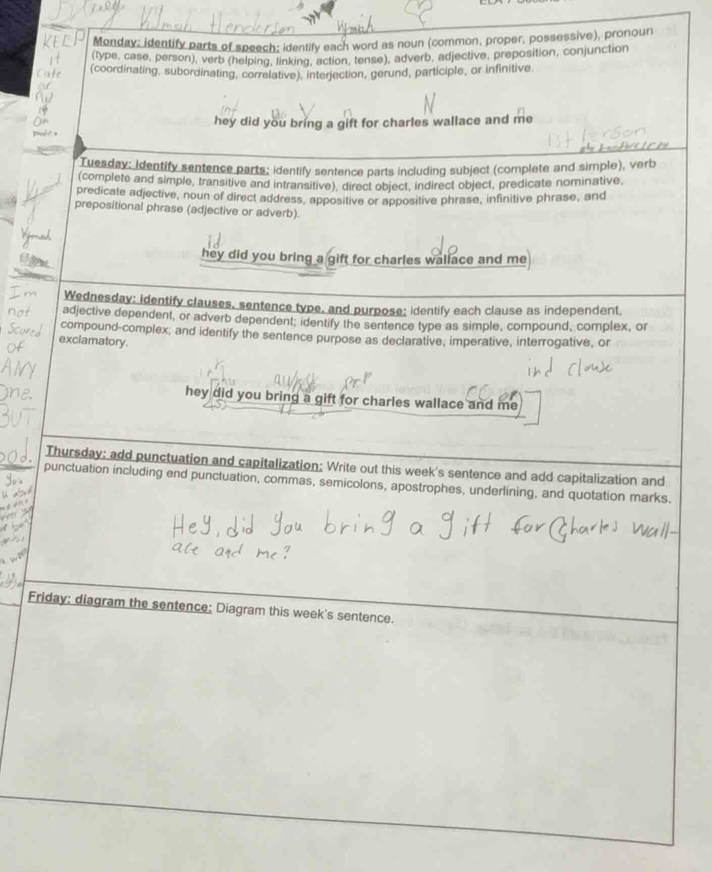 monday: identify parts of speech: identify each word as noun (common, p…