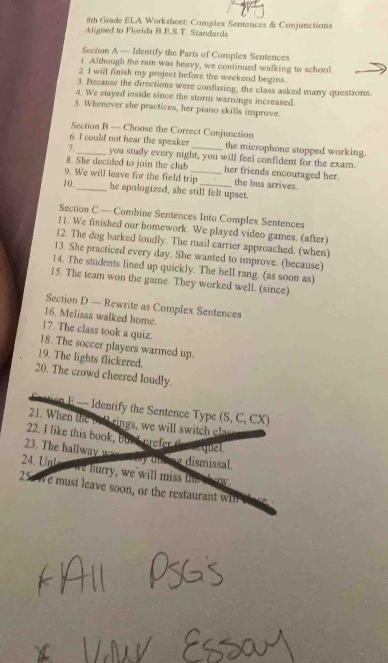 8th grade ela worksheet: complex sentences & conjunctions aligned to fl…