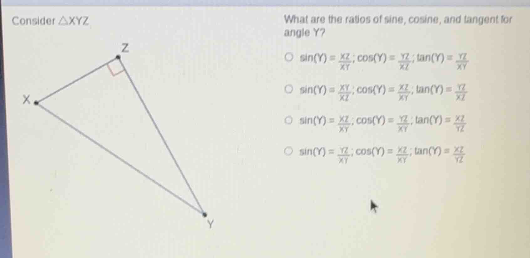 consider △xyz what are the ratios of sine, cosine, and tangent for angl…