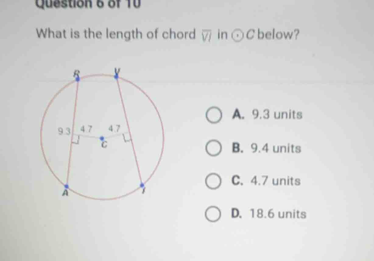 question 6 of 10 what is the length of chord (overline{vi}) in (odot c)…