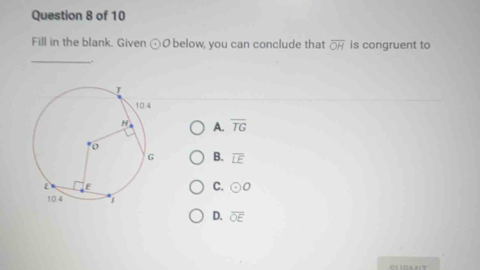 question 8 of 10 fill in the blank. given \\( \\odot o \\) below, you c…