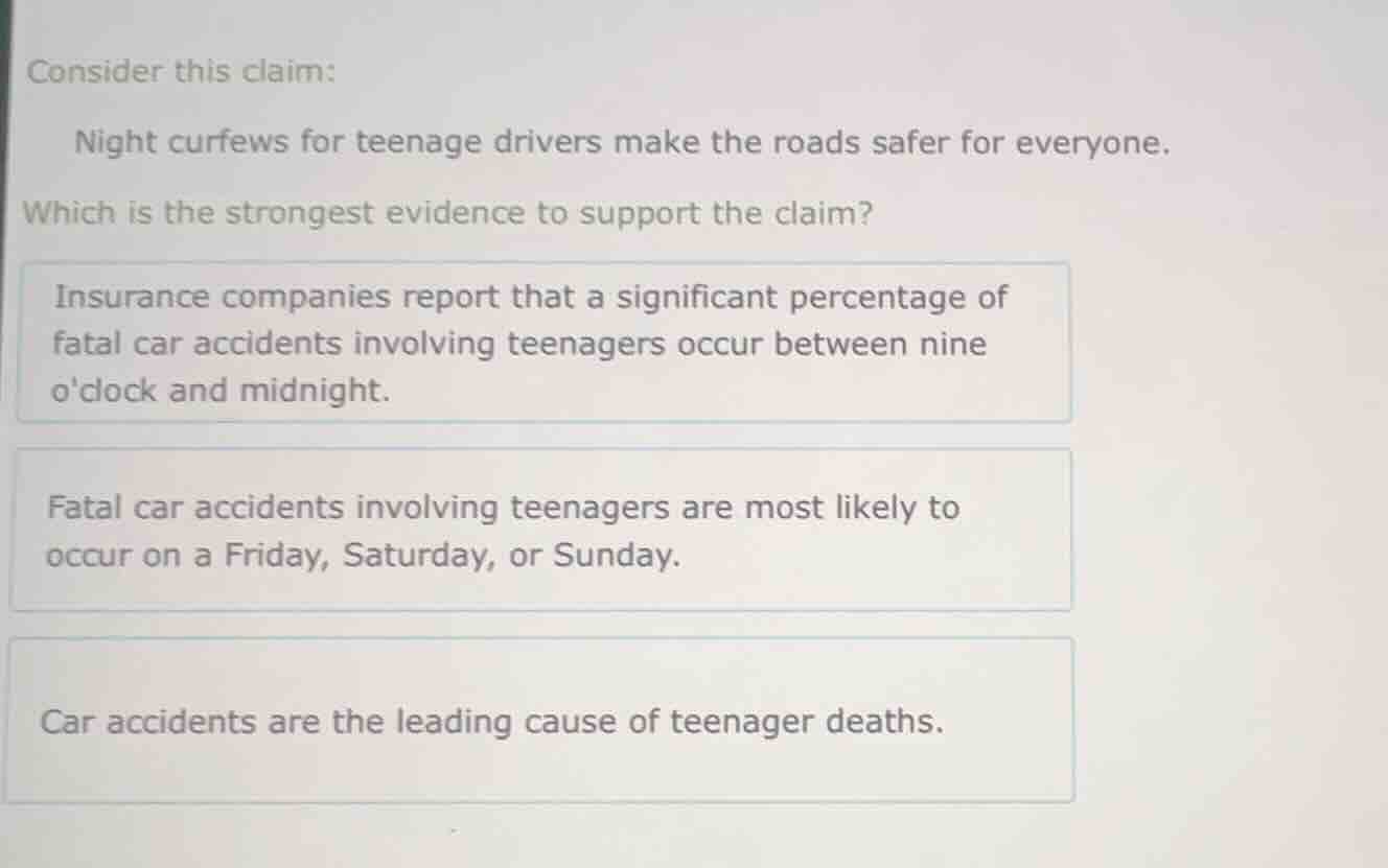 consider this claim: night curfews for teenage drivers make the roads s…