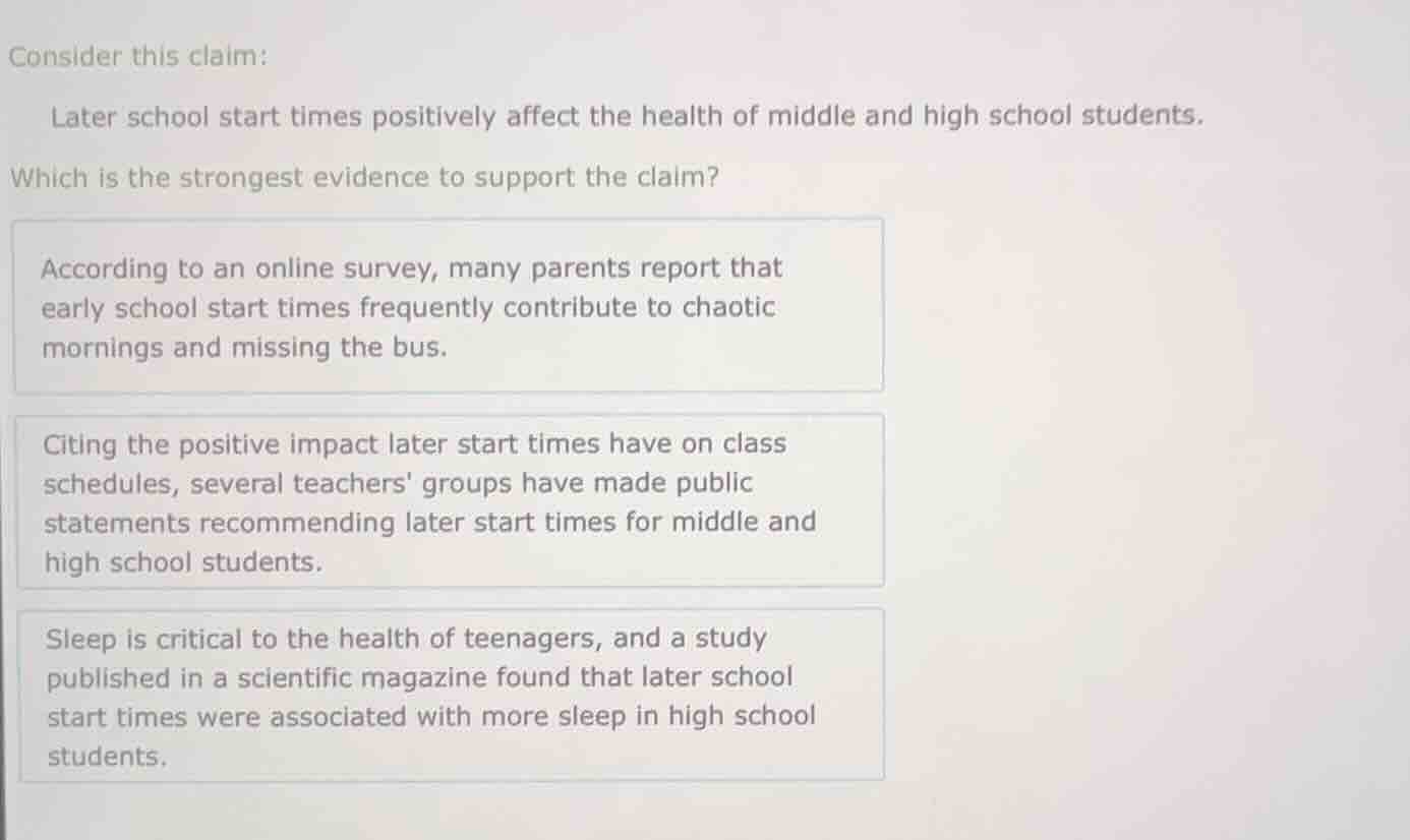 consider this claim: later school start times positively affect the hea…