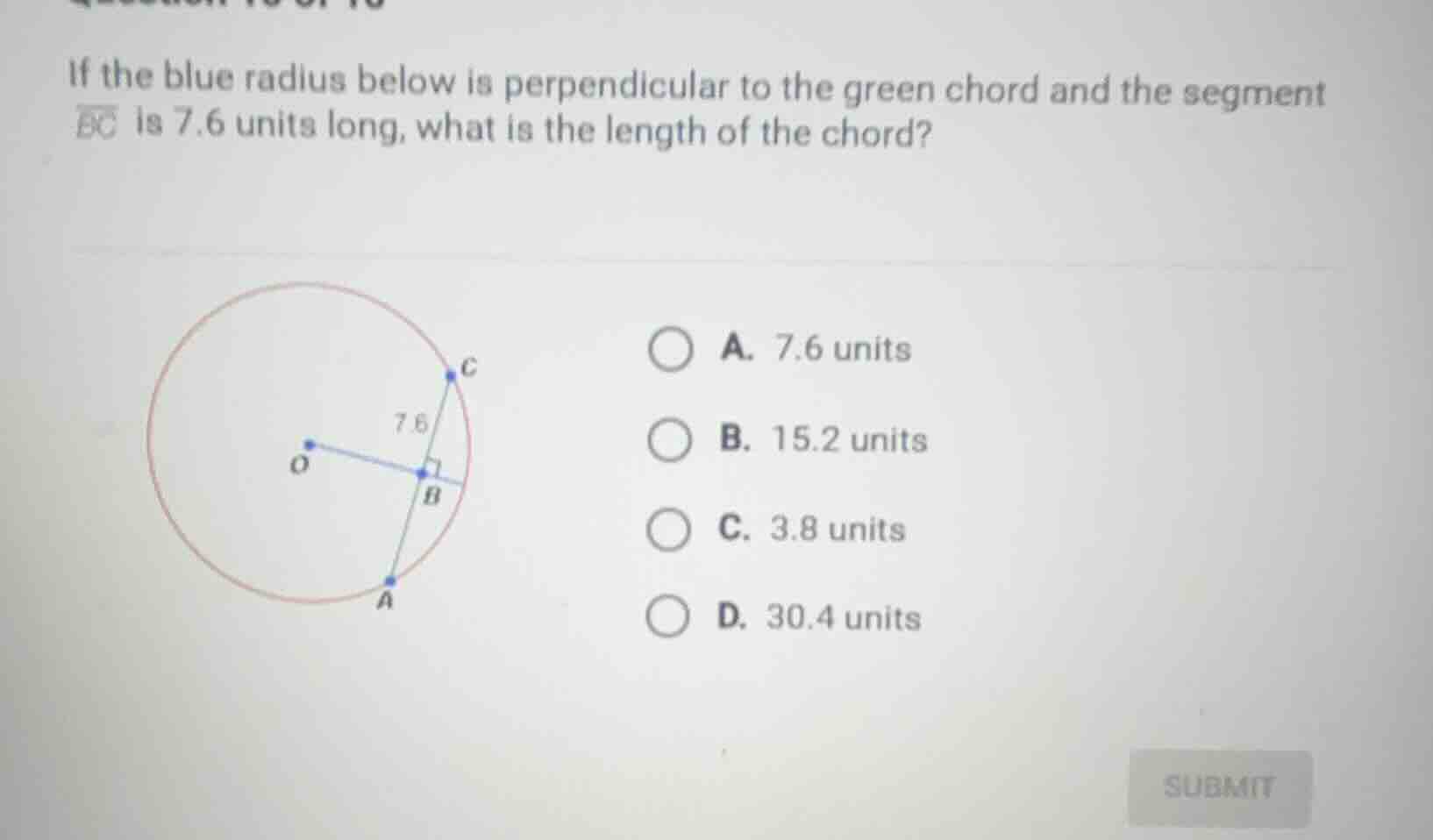 if the blue radius below is perpendicular to the green chord and the se…