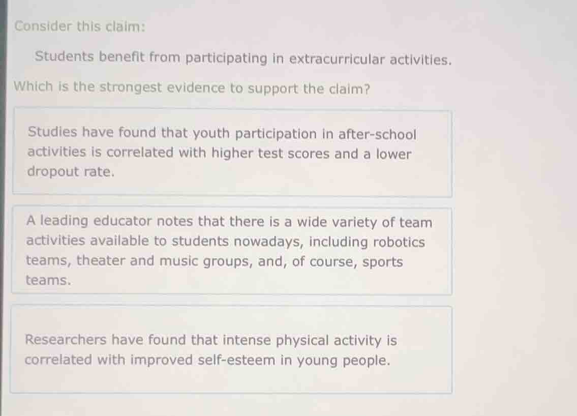 consider this claim: students benefit from participating in extracurric…