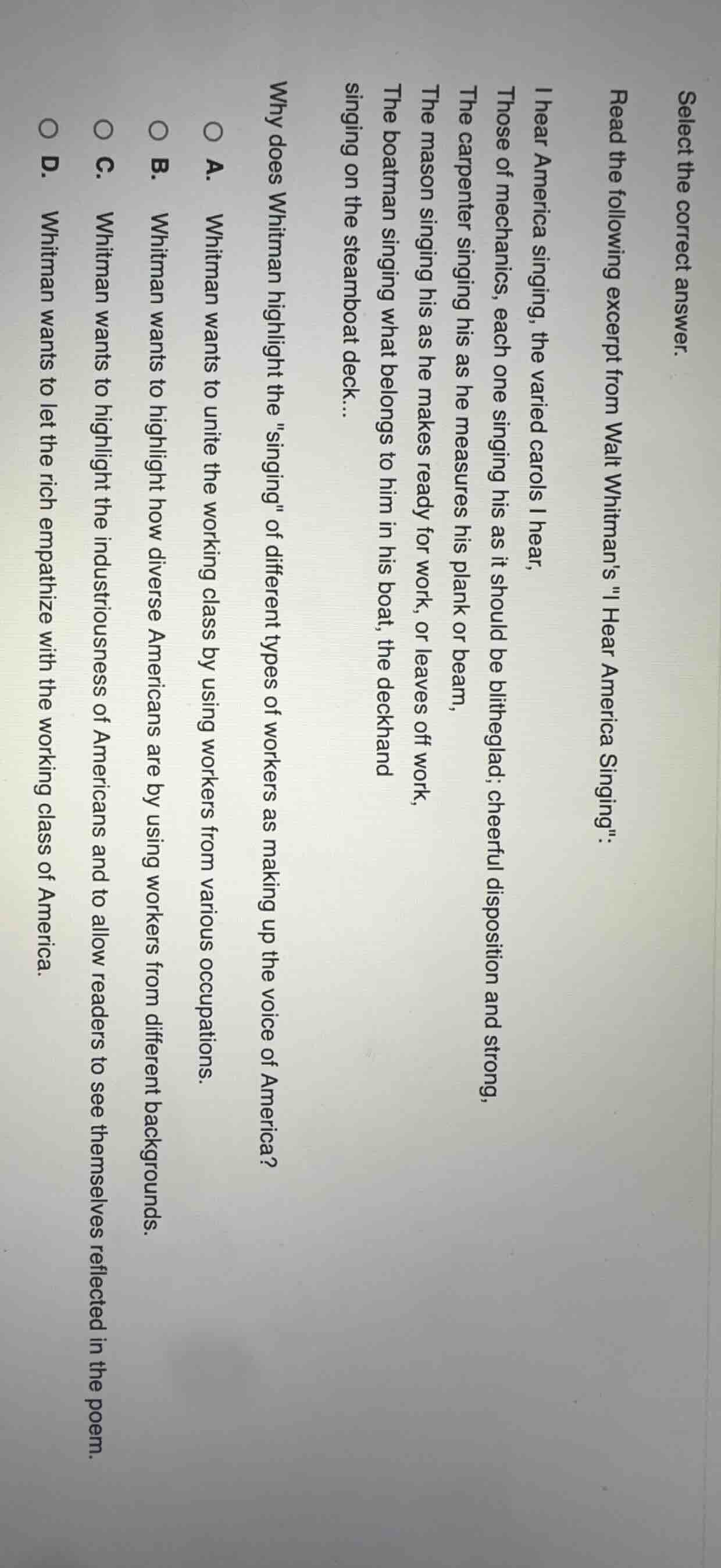 select the correct answer. read the following excerpt from walt whitman…