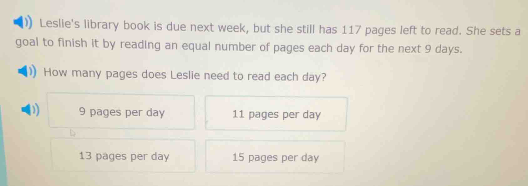 leslies library book is due next week, but she still has 117 pages left…