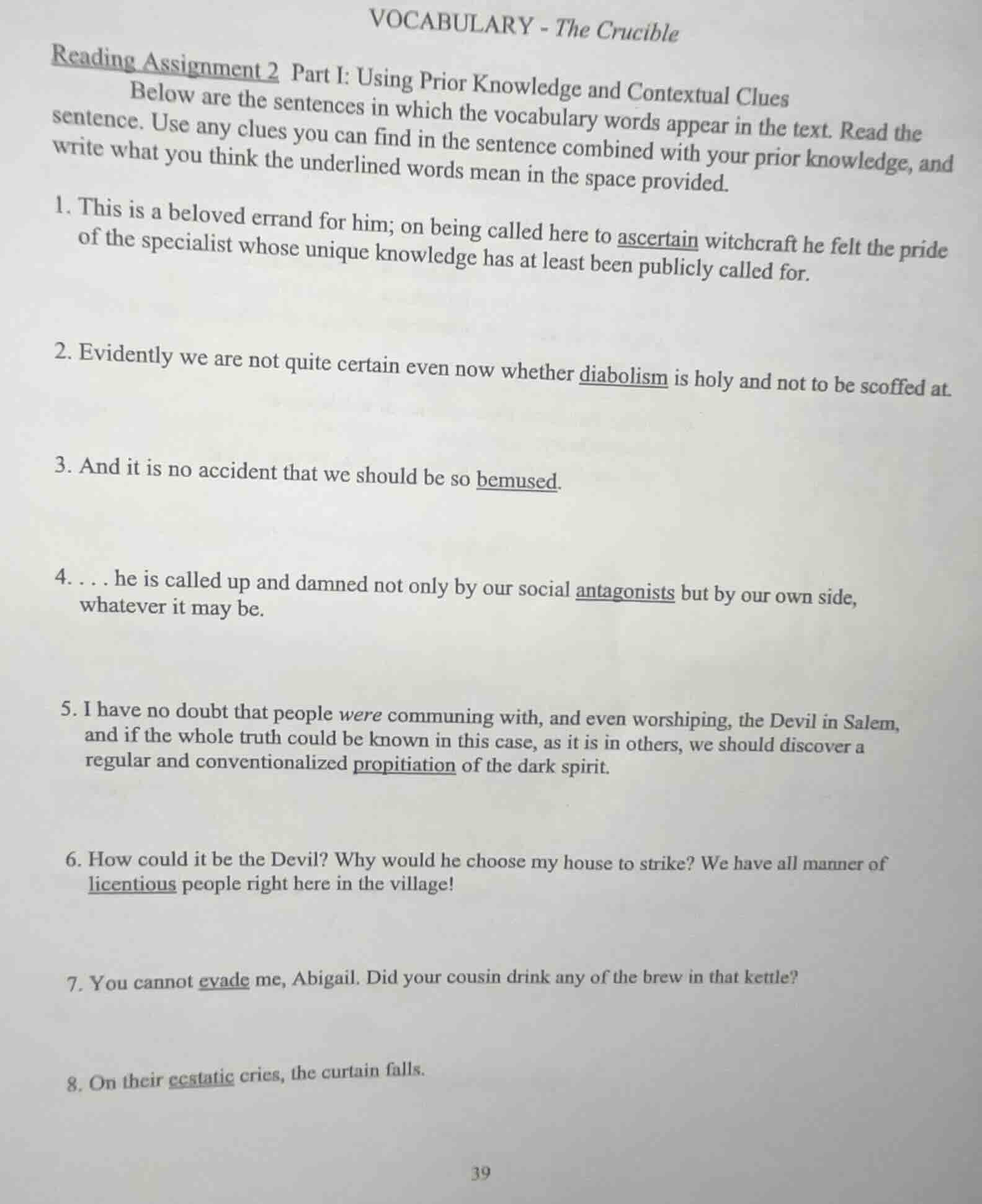 vocabulary - the crucible reading assignment 2 part i: using prior know…