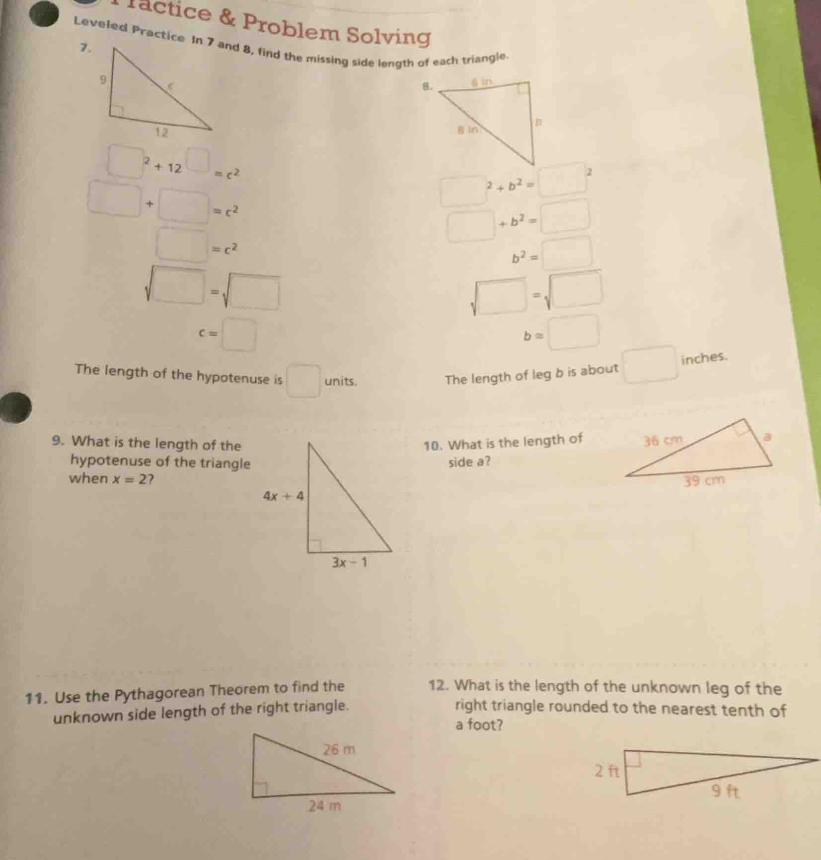 practice & problem solving leveled practice in 7 and 8, find the missin…