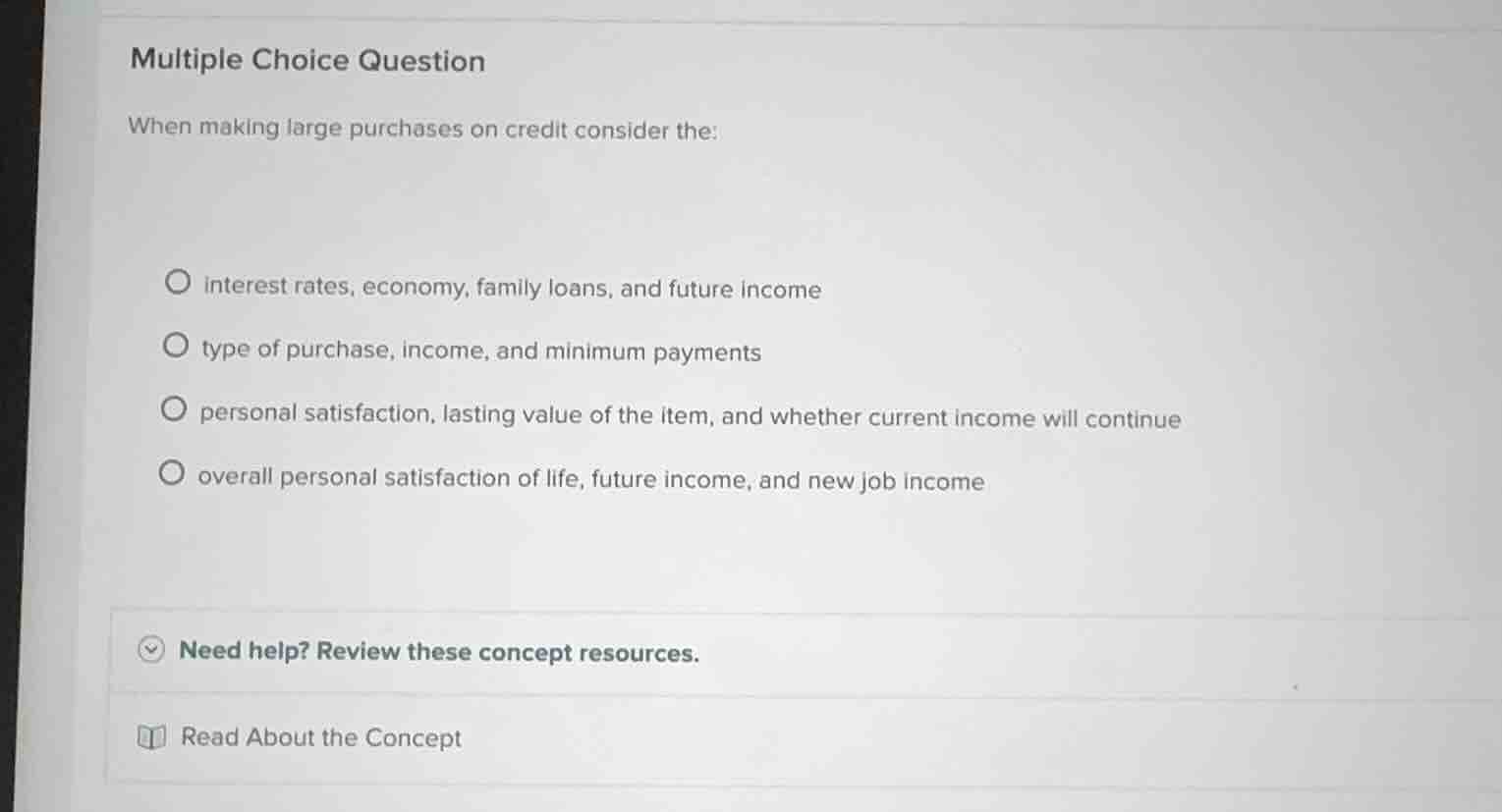 multiple choice question when making large purchases on credit consider…