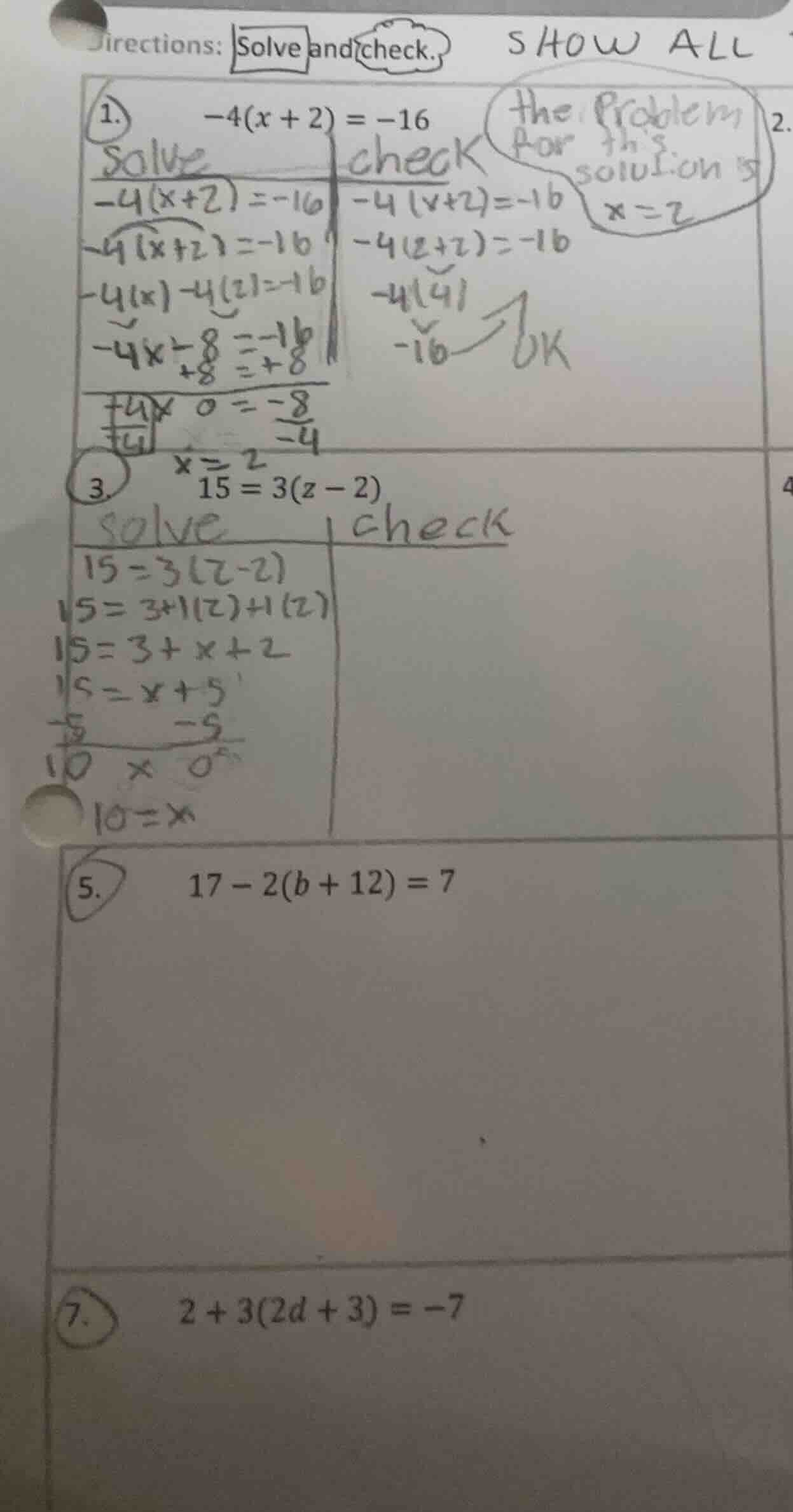 directions: solve and check. show all 1. $-4(x + 2) = -16$ solve $-4(x+…