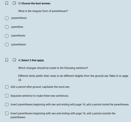 3) choose the best answer. what is the singular form of parentheses? pe…