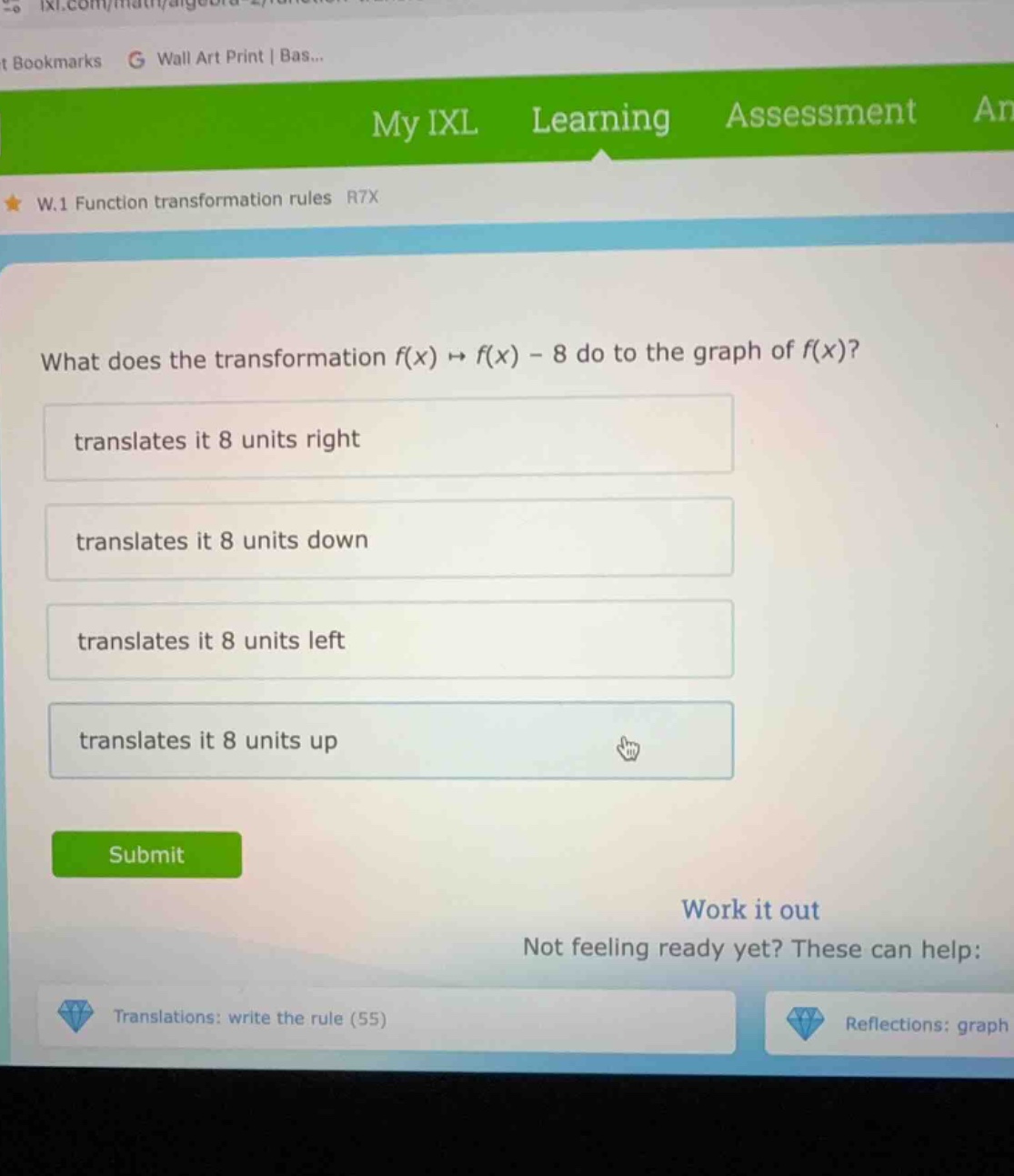 what does the transformation f(x) ↦ f(x) - 8 do to the graph of f(x)? t…