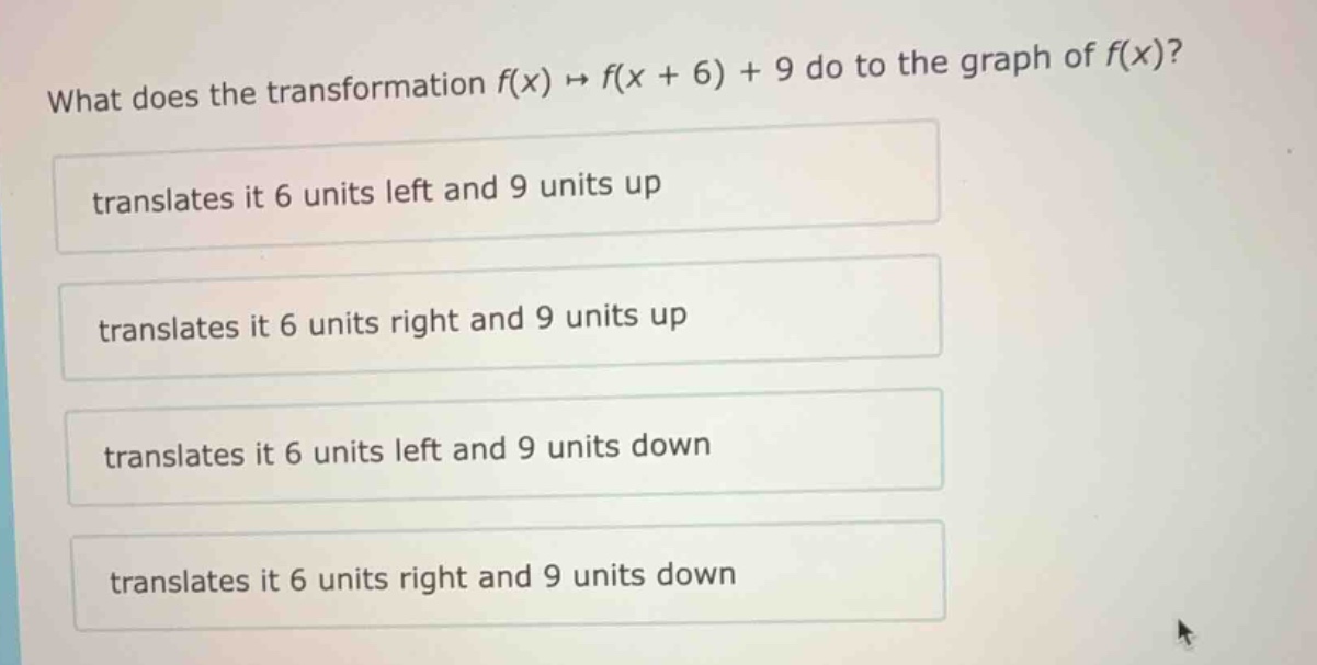 what does the transformation $f(x) \\mapsto f(x + 6) + 9$ do to the gra…
