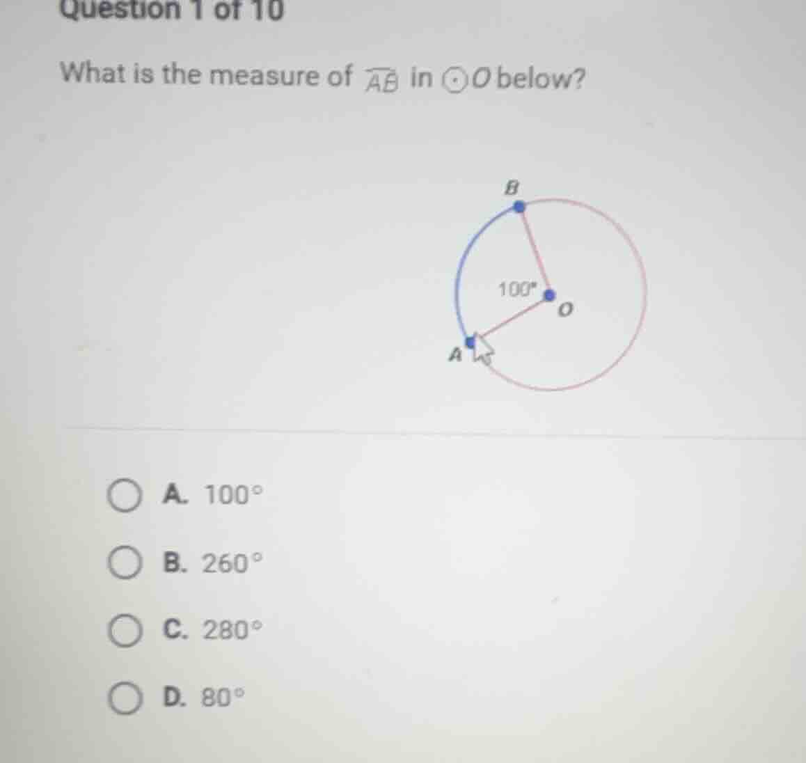 question 1 of 10 what is the measure of \\(\\overarc{ab}\\) in \\(\\odo…